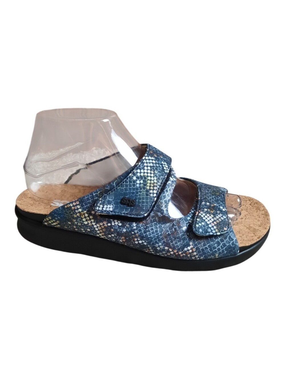 NWOT SAS Cozy Slide Sandal Multisnake Navy Double Strap Cork Footbed Size 7.5W